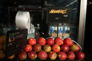 These tasty mangoes are displayed in a local shop.